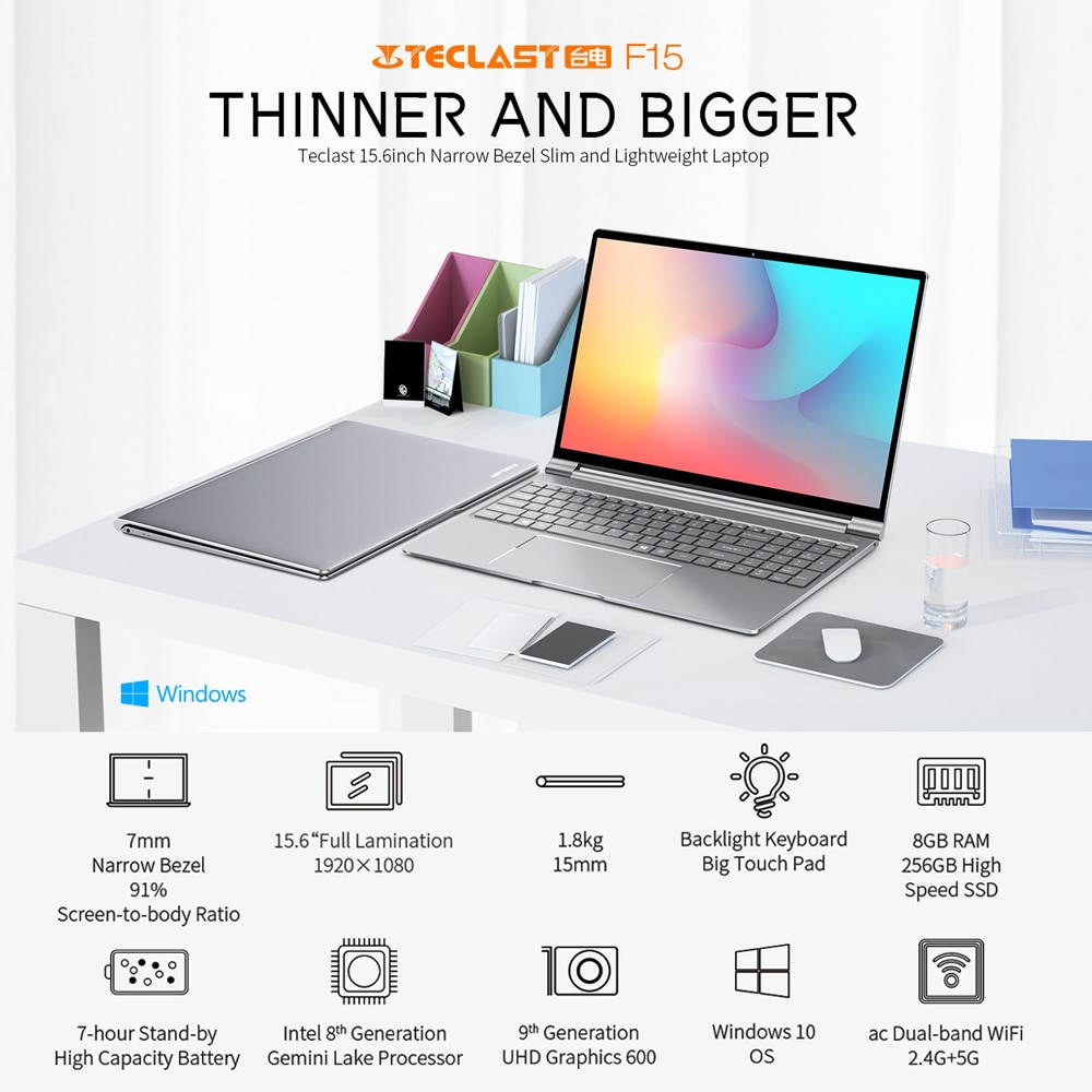 Lemonra F15 Laptop 15.6 In Notebook  Intel N4100 Quad Core 2.4GHz Intel UHD Graphics 600 LPDDR4 8GB RAM 256GB SSD Pocketbook Windows 10 OS 1920x1080 FHD Netbook