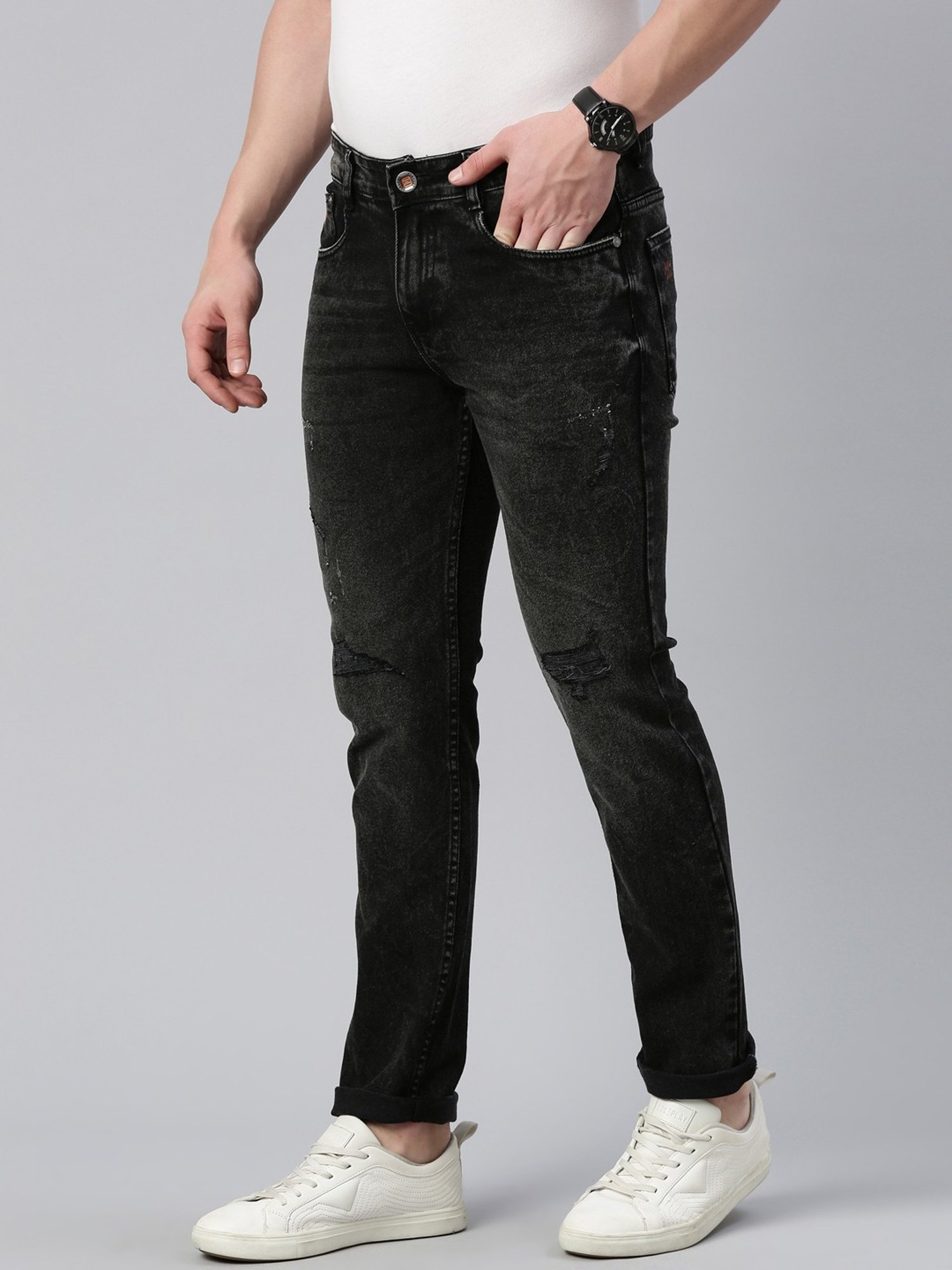 CINOCCI Black Cotton Slim Fit Distressed Jeans