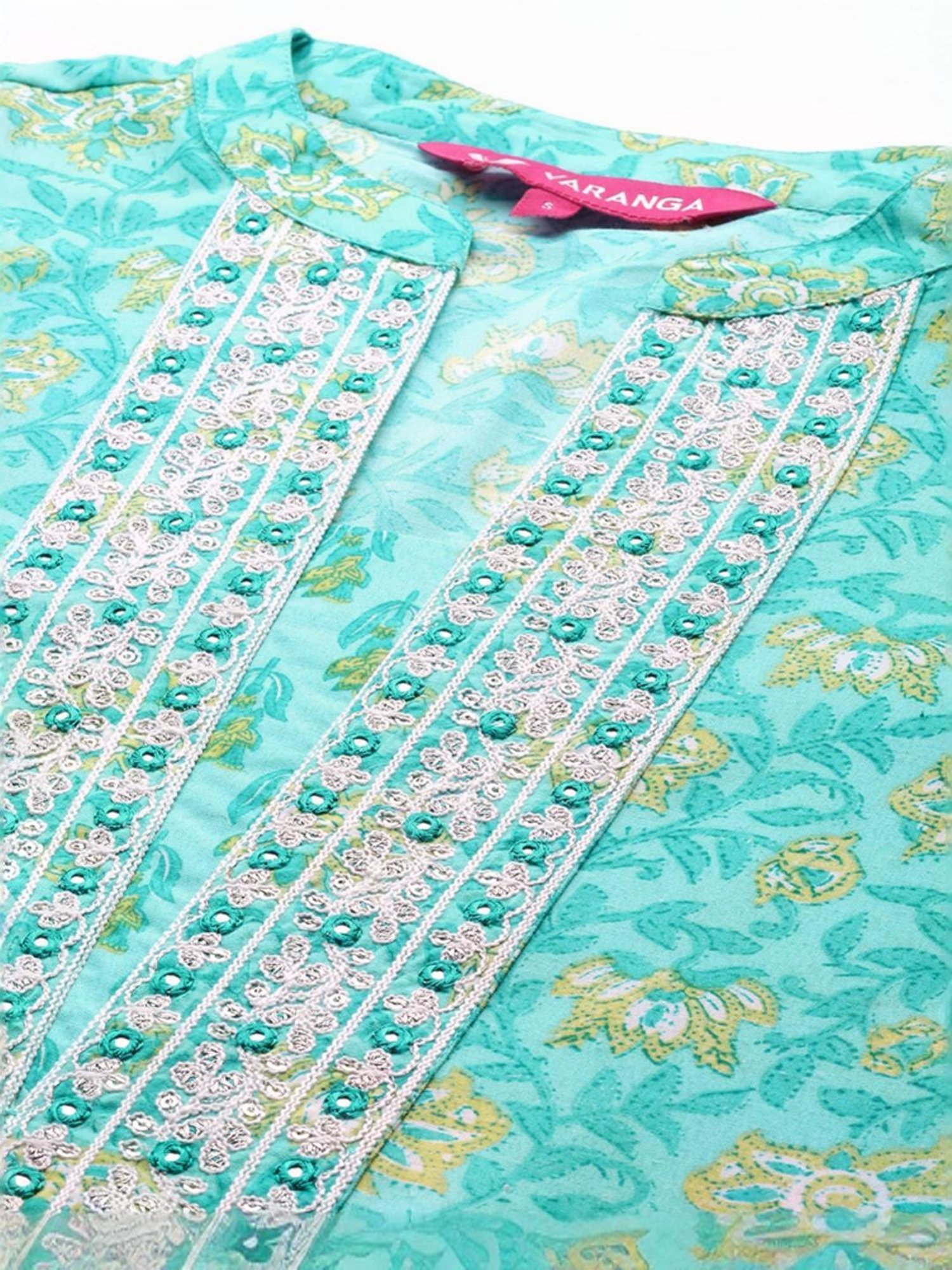 Varanga Green Cotton Floral Print Kurta Pant Set With Dupatta