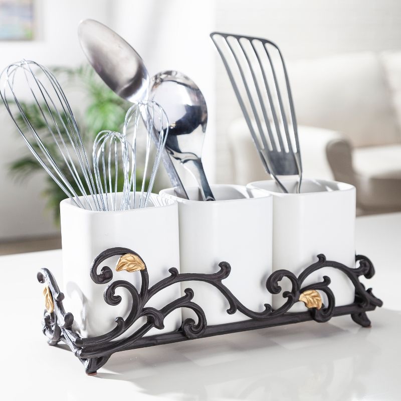 GG Collection Gold Leaf Ceramic 3-vase Flatware Caddy with Espresso Brown Vines and Gold Leaf Accented Base