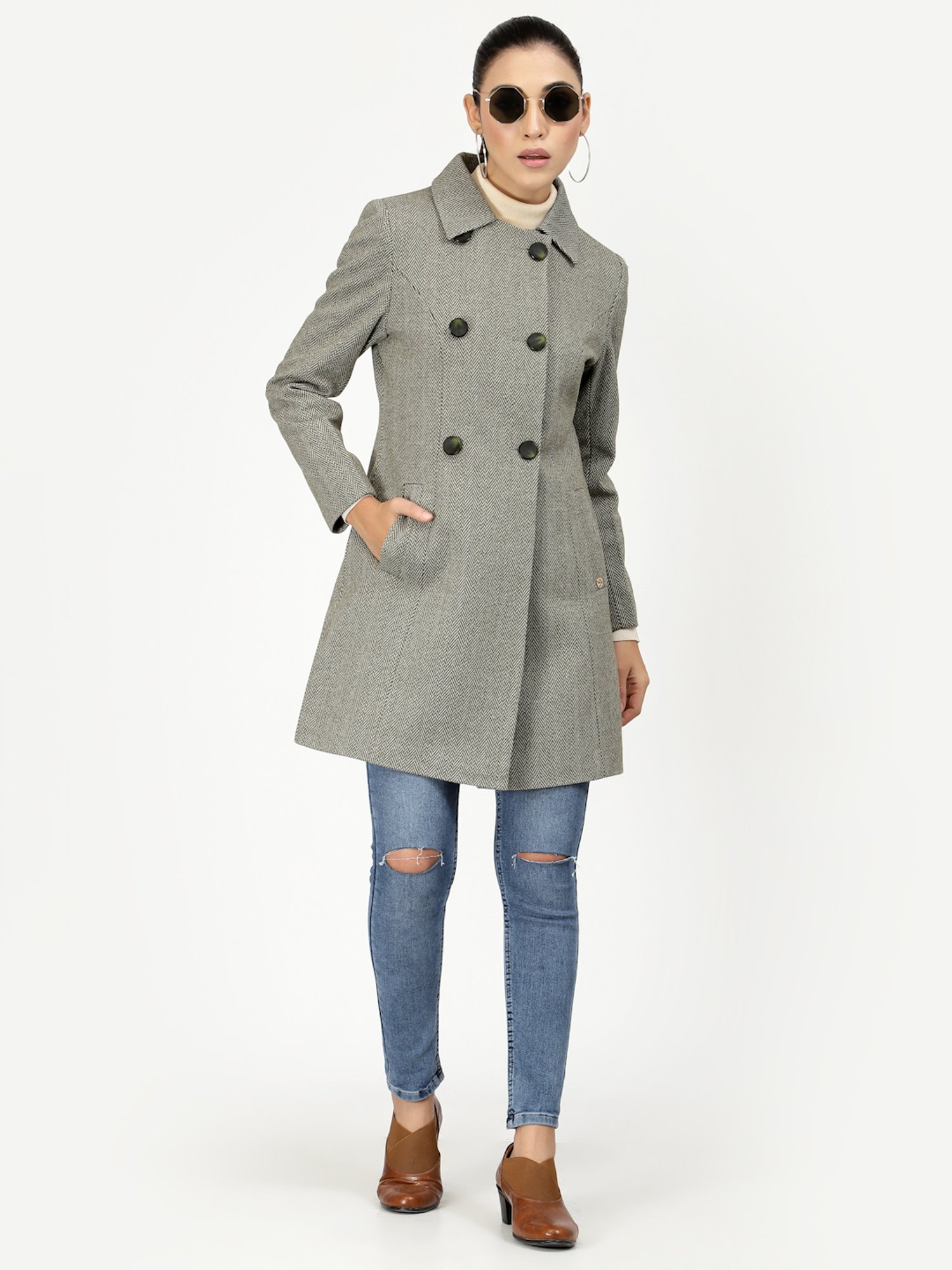 Juelle Green & White Self Design Over Coat