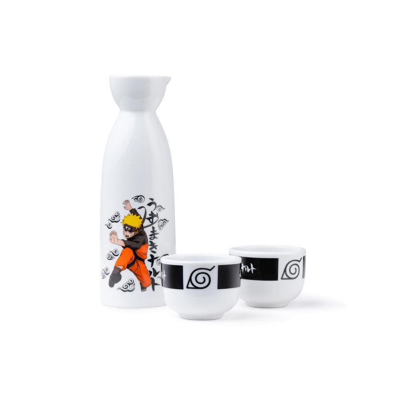Just Funky Naruto 3 Piece Heavy Duty Ceramic Drinkware Sake Set Featuring 1 Carafe & 2 Cups