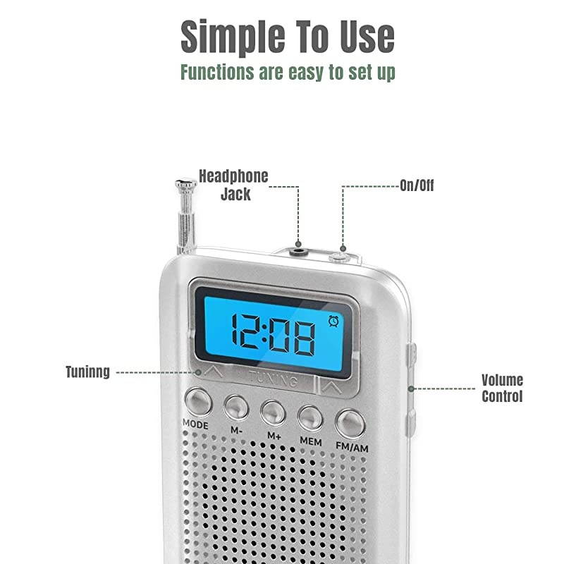 Digital AM FM Portable Pocket Radio with Alarm Clock- Best Reception and Longest Lasting. AM FM Compact Radio Player Operated by 2 AAA Battery, Stereo Headphone Socket (Silver), by