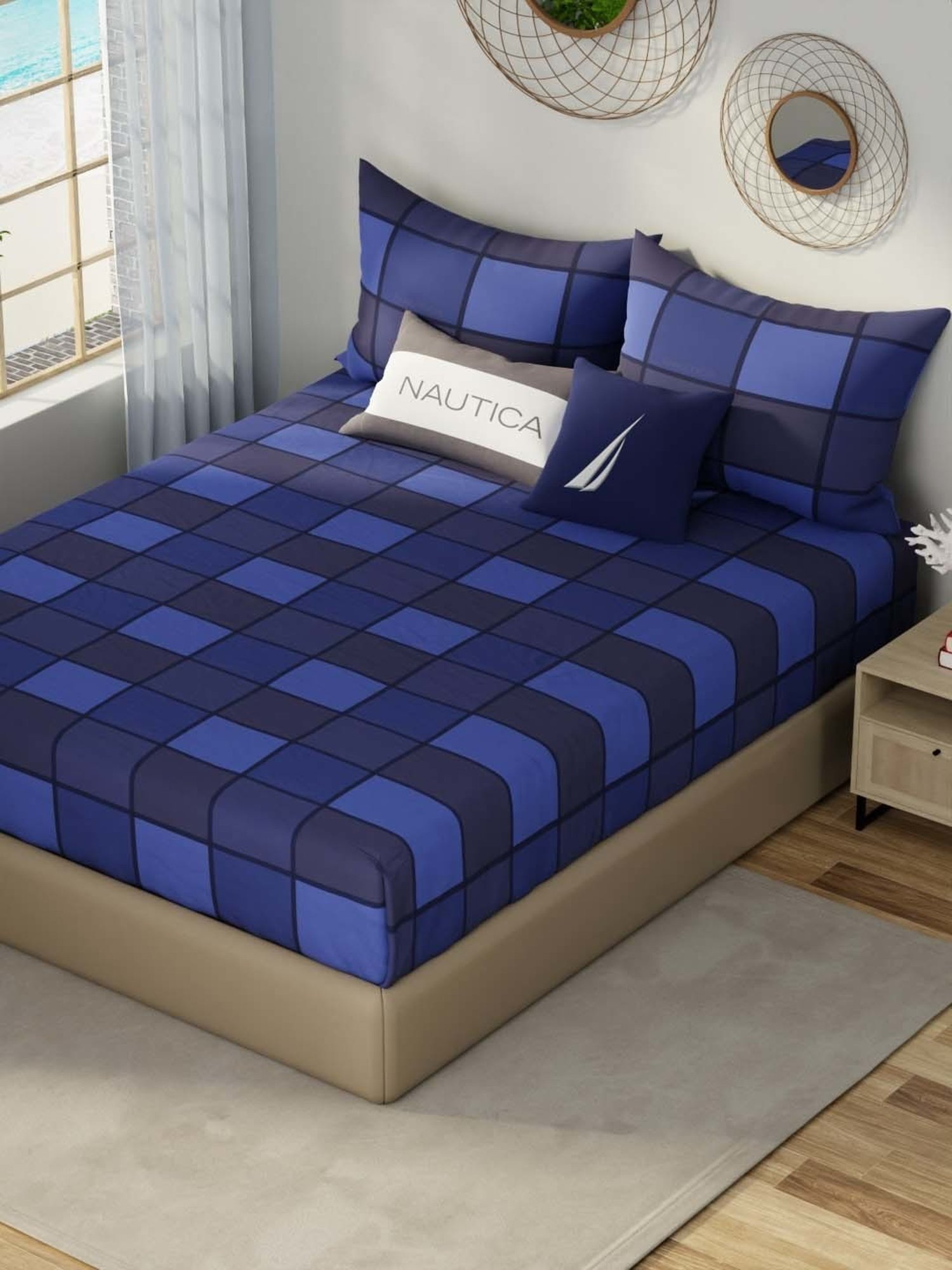 House This Juniper Blue Cotton 600 TC Double Size Bedsheet With Pillow Covers