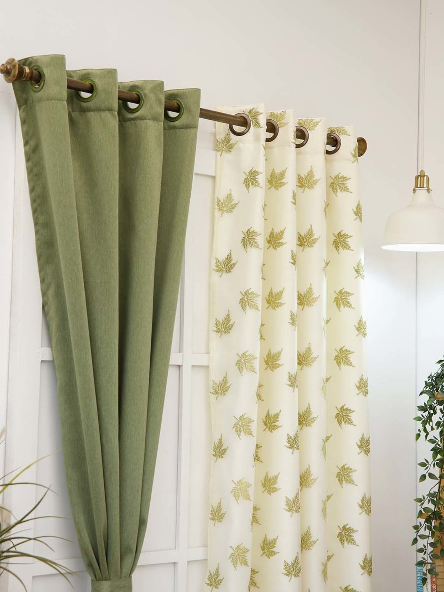 Ariana Foliage Design Olive Green & Beige Polyester 5 Ft. Window Curtain - Set of 2