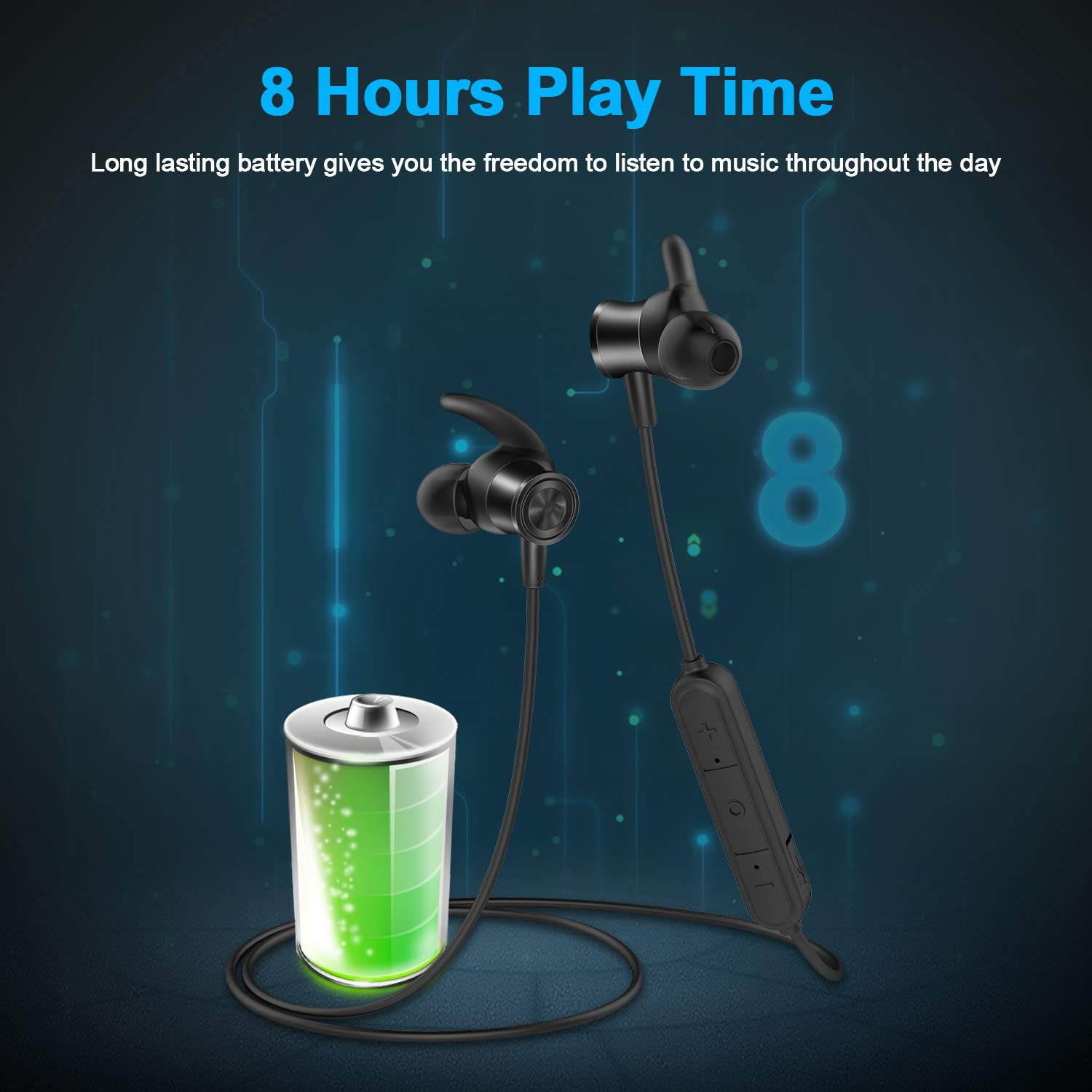 Bluetooth Headphones, Lightweight Wireless Earbuds with Magnetic Connection, IPX5 Water Resistant Bluetooth 5.0 Sports Earphones for Running, Built-in Mic, 8 Hrs Work Time Built-in magnets