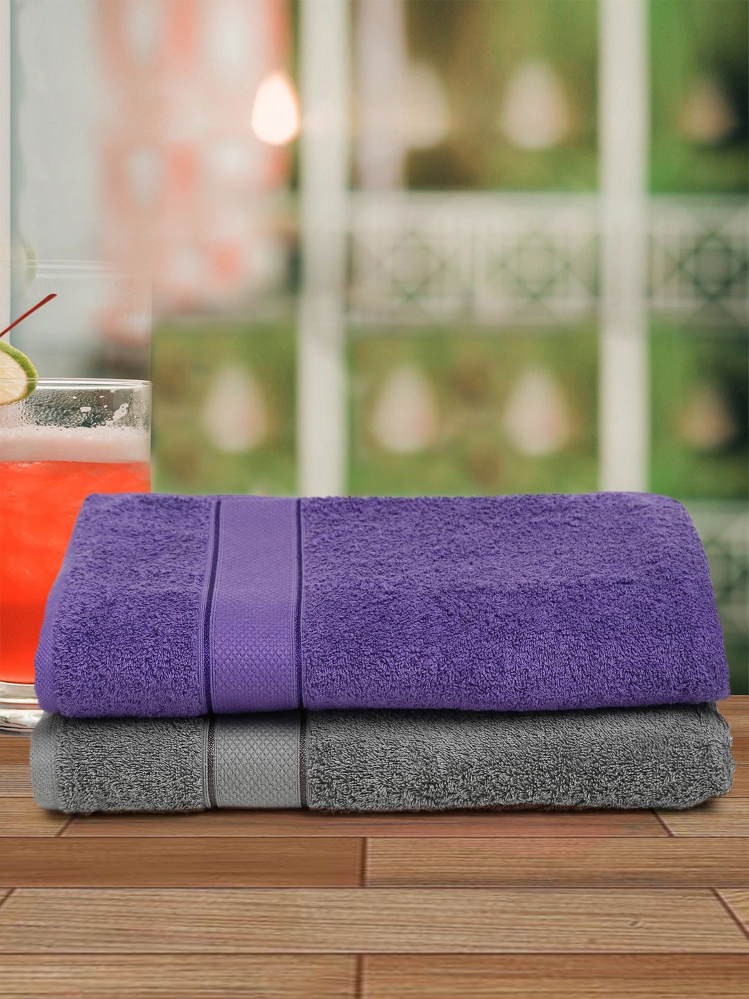 Creeva Grey & Violet 525 GSM Cotton Bath Towel Set of 2