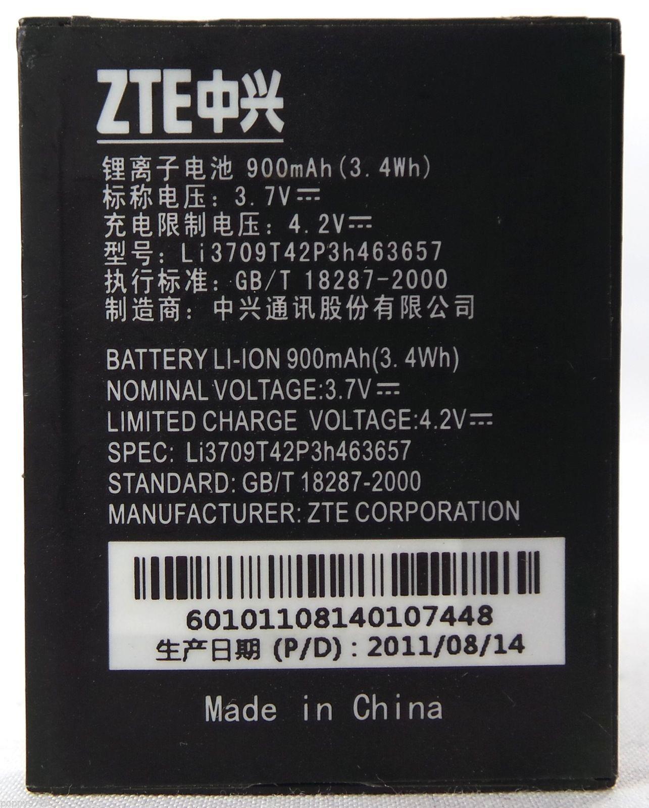 ZTE Corp Li-Ion GB/T 18287-2000 900mAh 4.2V 3.4Wh Standard Cell Phone Battery