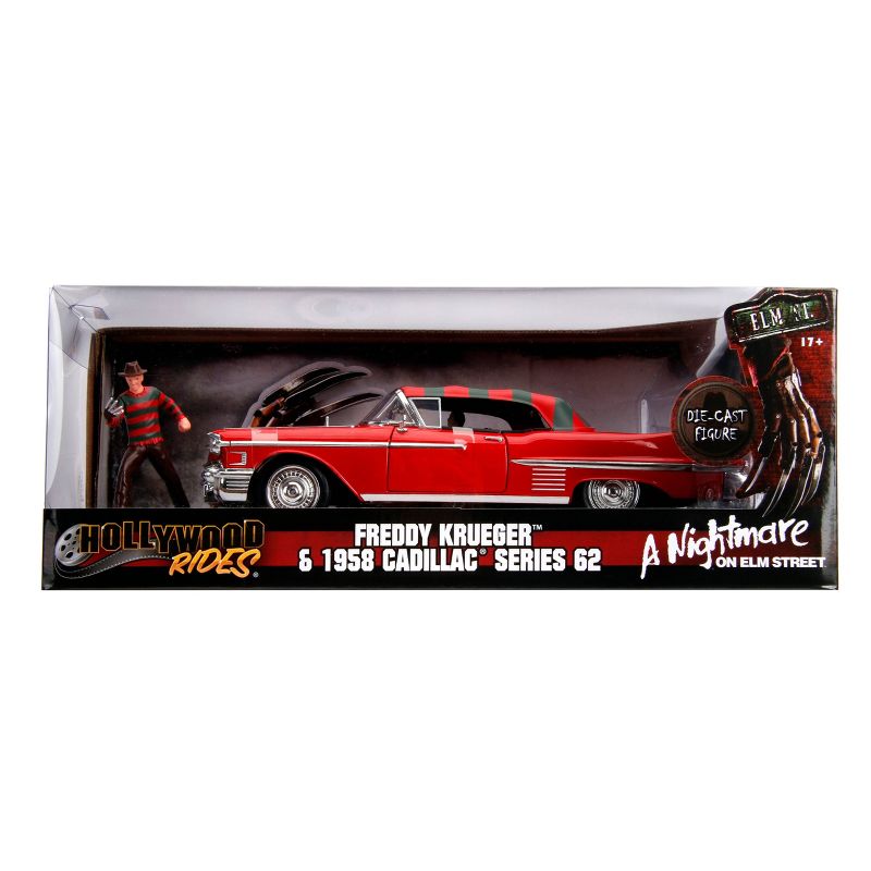 Jada Toys Hollywood Rides Nightmare On Elm Street 1958 Cadillac Series 62 Die-Cast Vehicle with Freddy Krueger Die-Cast Figure 1:24 Scale Red