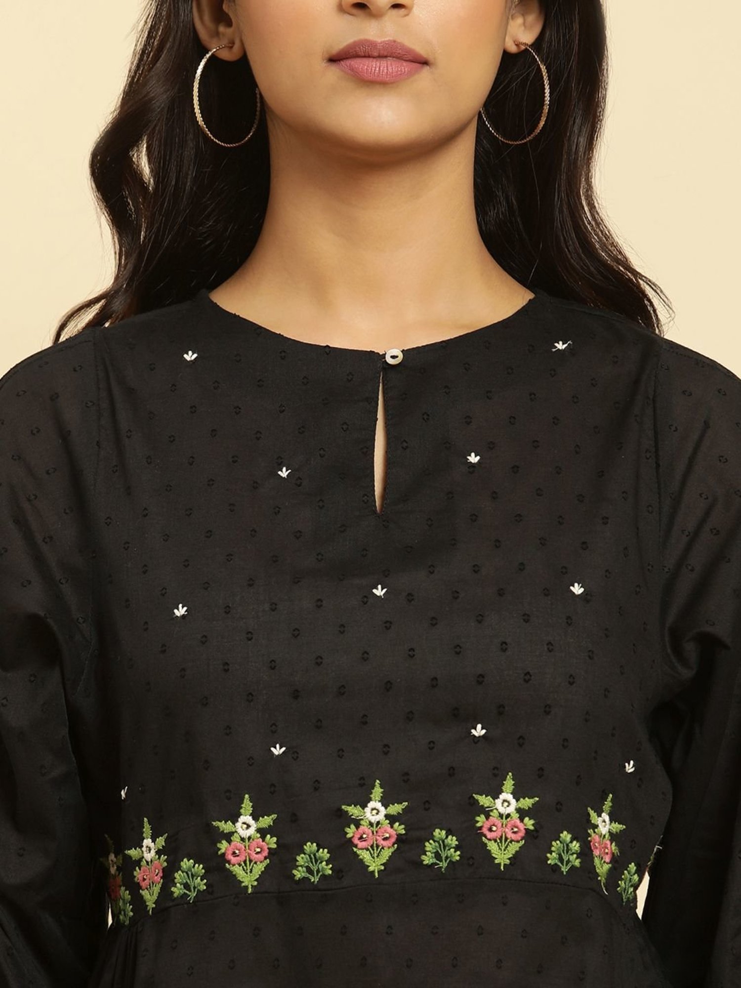 W Black Cotton Embroidered Top