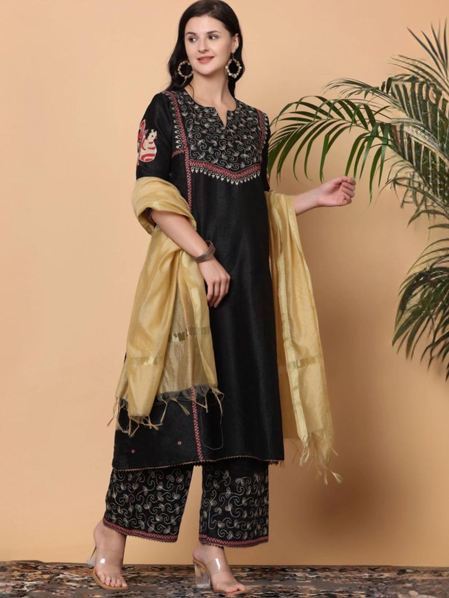 Kaanchie Nanggia Black Embroidered Kurta and Pallazo With Gold Dupatta