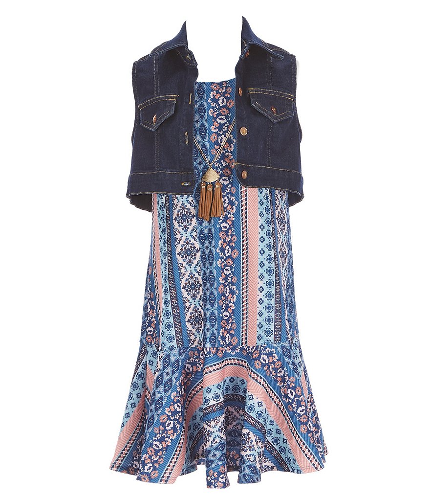 Honey And Rosie Big Girls 7-16 Sleeveless Mixed Print Ruffled Hem A-Line Dress With Vest Two-Piece Set