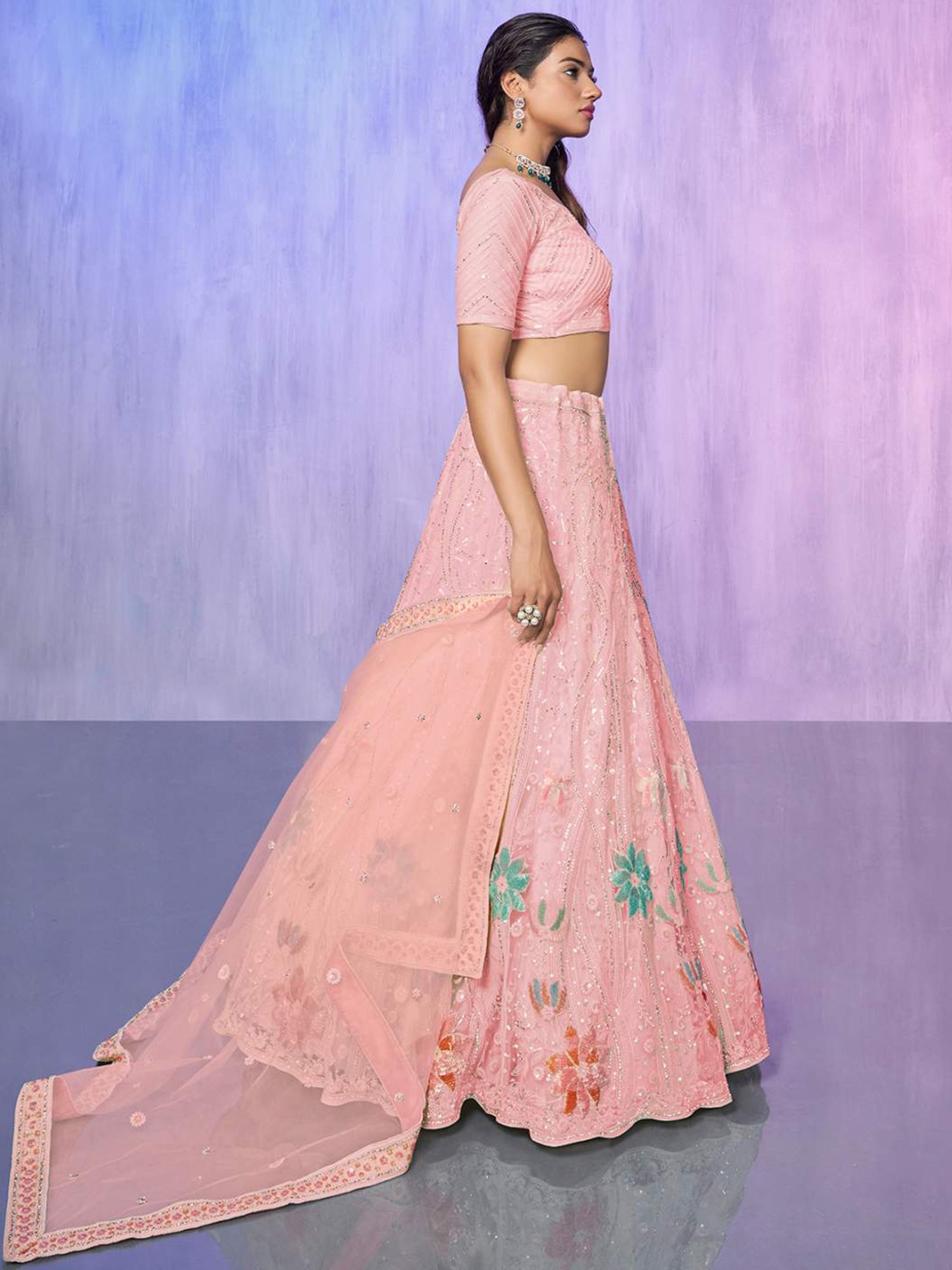 Odette Pink Embroidered Semi Stitched Lehenga Blouse Set With Dupatta