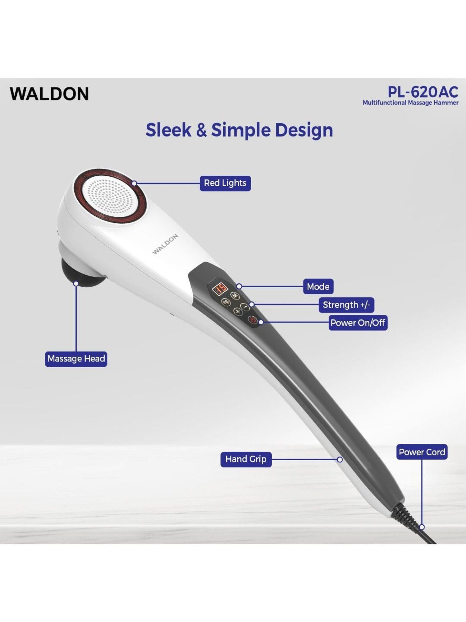 Waldon PL-620AC Corded Handheld Full Body Hammer Massager with 5 Massage Heads (Black and White)