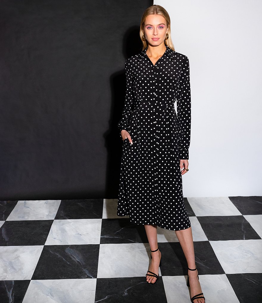 LDT Adrienne Dotted Long Sleeve Belted Midi Dress