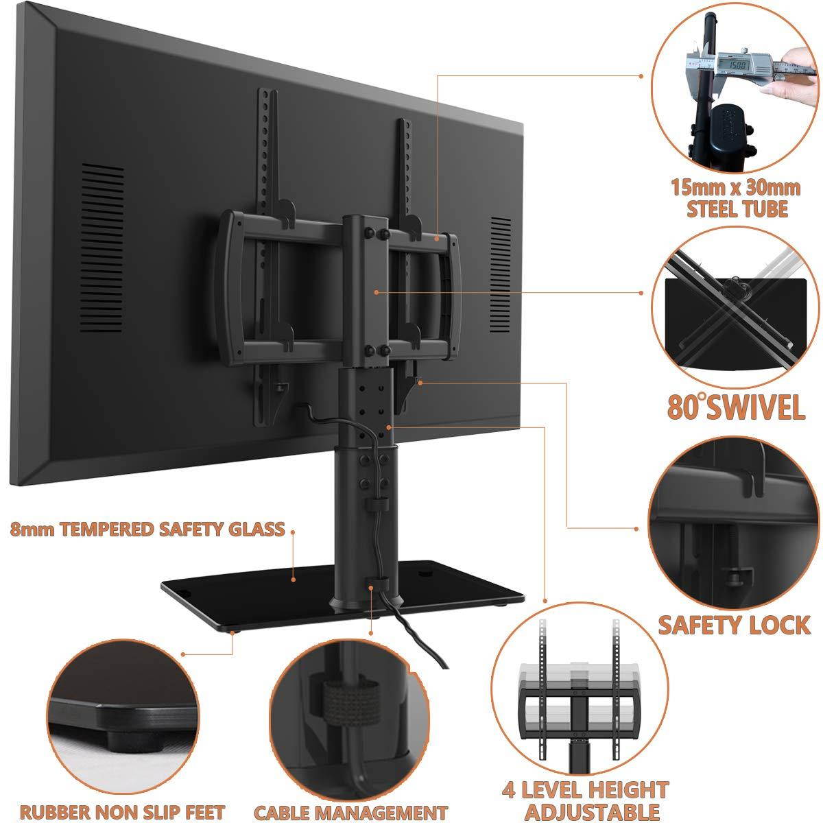 Universal Swivel TV Stand/Base Table Top TV Stand 27 to 55 inch TVs 80 Degree Swivel, 4 Level Height Adjustable, Heavy Duty Tempered Glass Base, Holds up to 99lbs Screens, HT04B-001