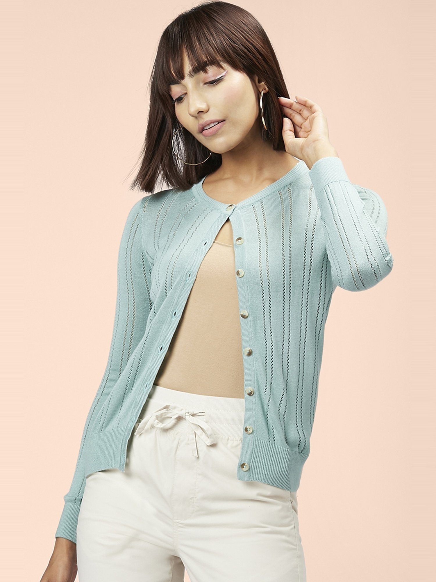 Honey by Pantaloons Blue Self Pattern Cardigan