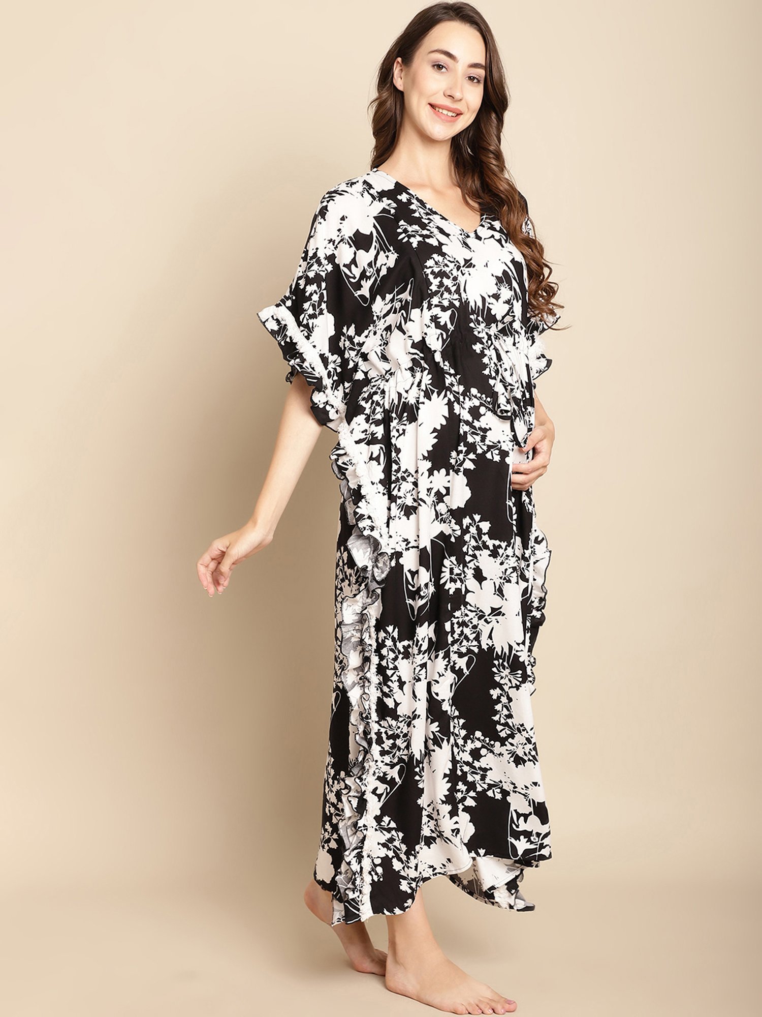 Secret Wish Black & White Floral Print Maternity Kaftan Nighty