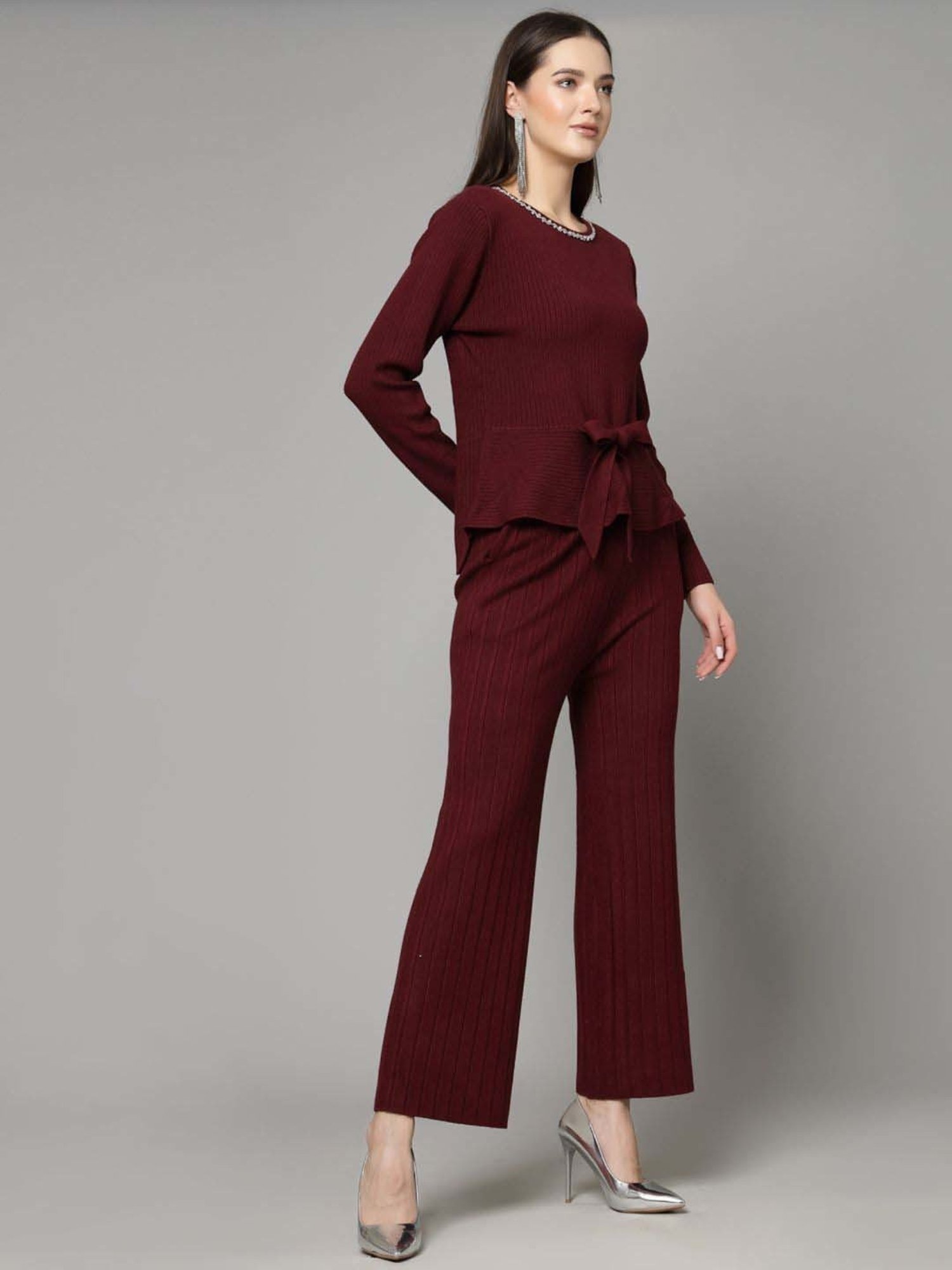 Mafadeny Maroon Embellished Top Pants Set