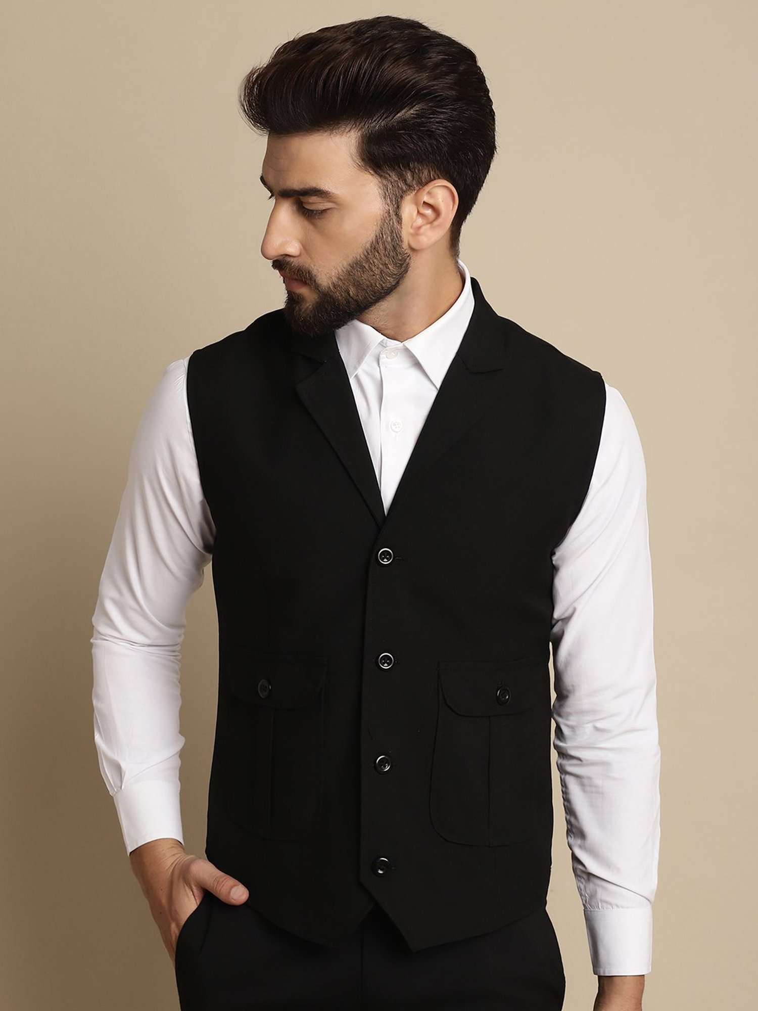 Even Black Regular Fit Notch Lapel Waistcoat