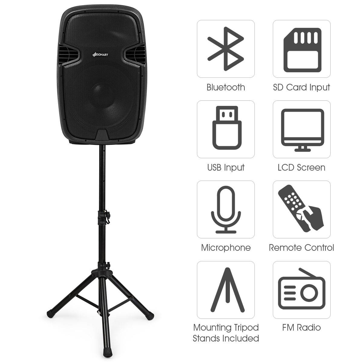 Portable Dual 15'' 2-way 2000 W Powered Speakers w/ Bluetooth Stands & Controller