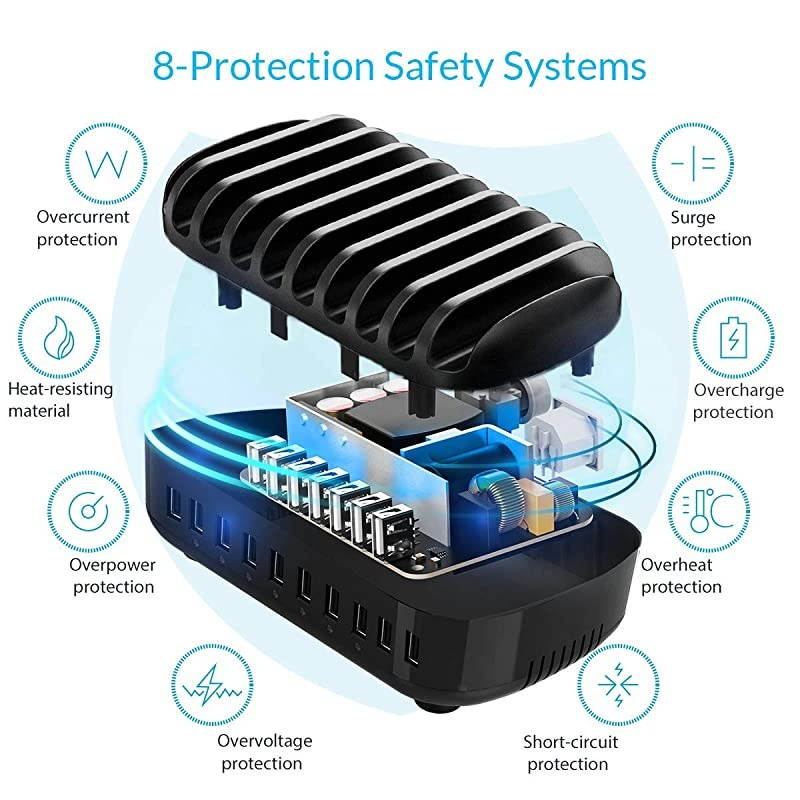 120W Charging Station for Multiple Devices 10 Ports Smart USB Charging Docking Organizer with Cooling Fan Compatible for iPhone, iPads, Samsung, Android Phone and Tablets (Cables not Included)