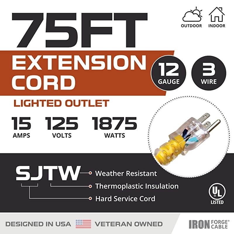Foot Lighted Outdoor Extension Cord 123 SJTW Heavy Duty Yellow Extension Cable with 3 Prong Grounded Plug for Safety Great for Garden and Major Appliances