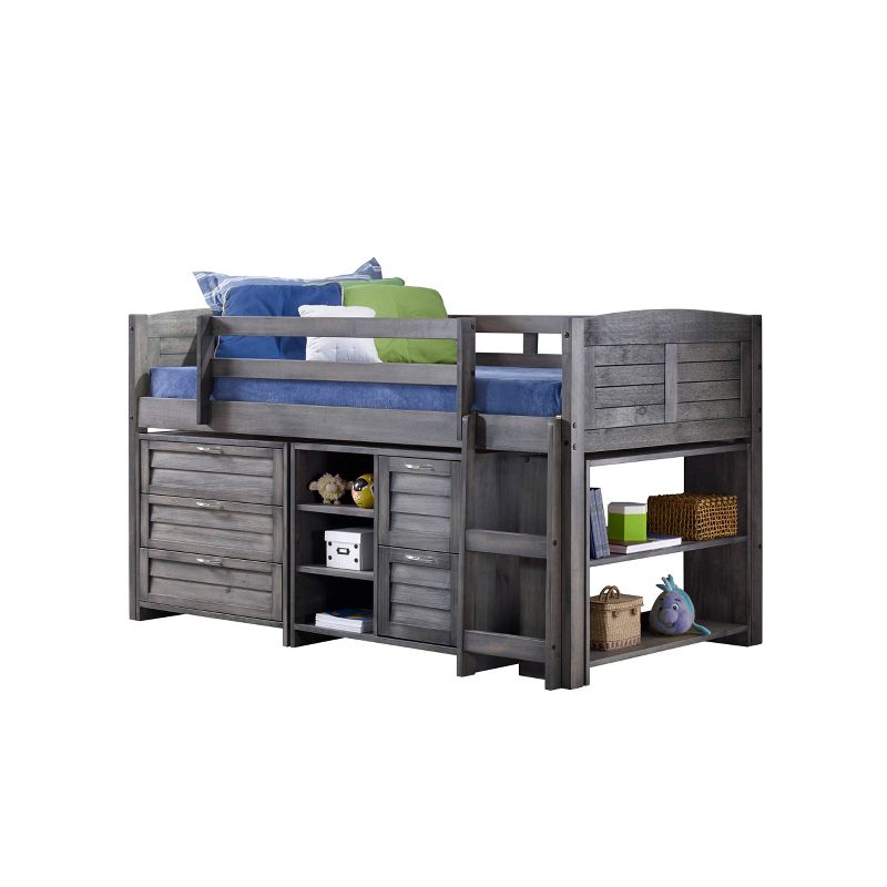 Louver Low Loft Bed with 3+2 Drawer Chest, Shelves and Bookcase Antique Gray - Donco Kids