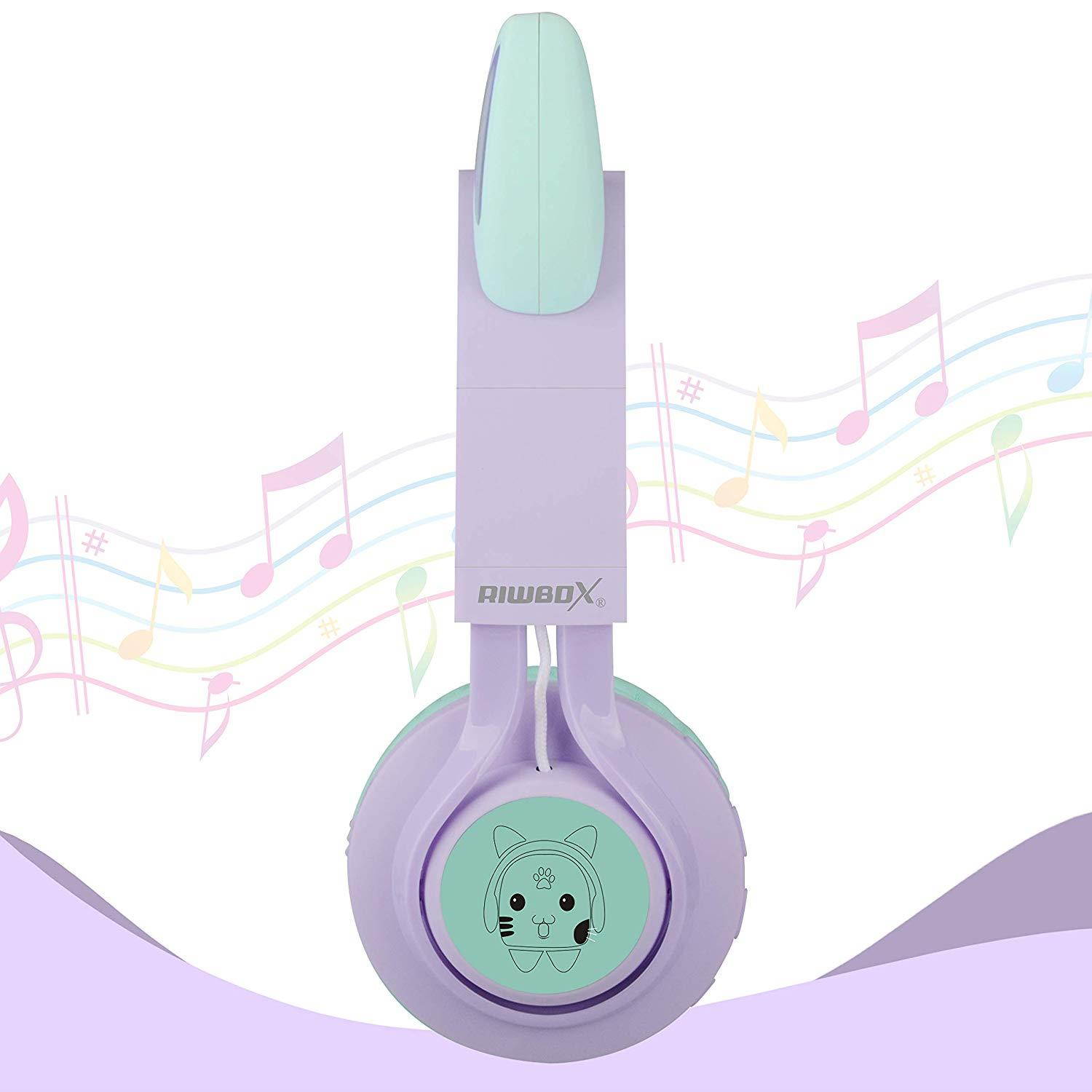 Kids Headphones, Riwbox CT-7S Cat Ear Bluetooth Headphones 85dB Volume Limiting,LED Light Up Kids Wireless Headphones Over Ear with Microphone for iPhone/iPad/Kindle/Laptop/PC/TV (Purple&Green)