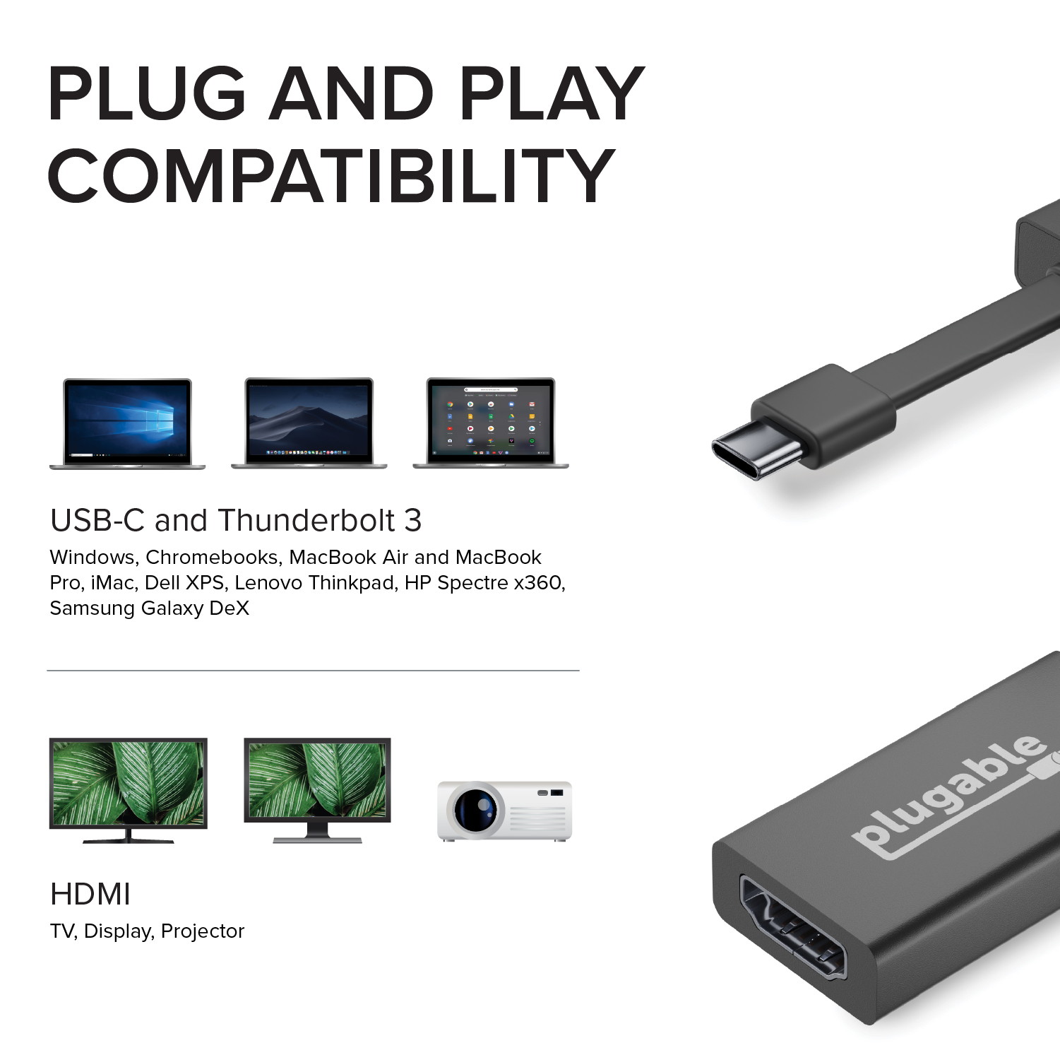 Plugable USB C to HDMI Adapter 4K 30Hz, Thunderbolt 3 to HDMI Adapter Compatible with MacBook Pro, Windows, Chromebooks, 2018+ iPad Pro, Dell XPS, Thunderbolt 3 Ports and More