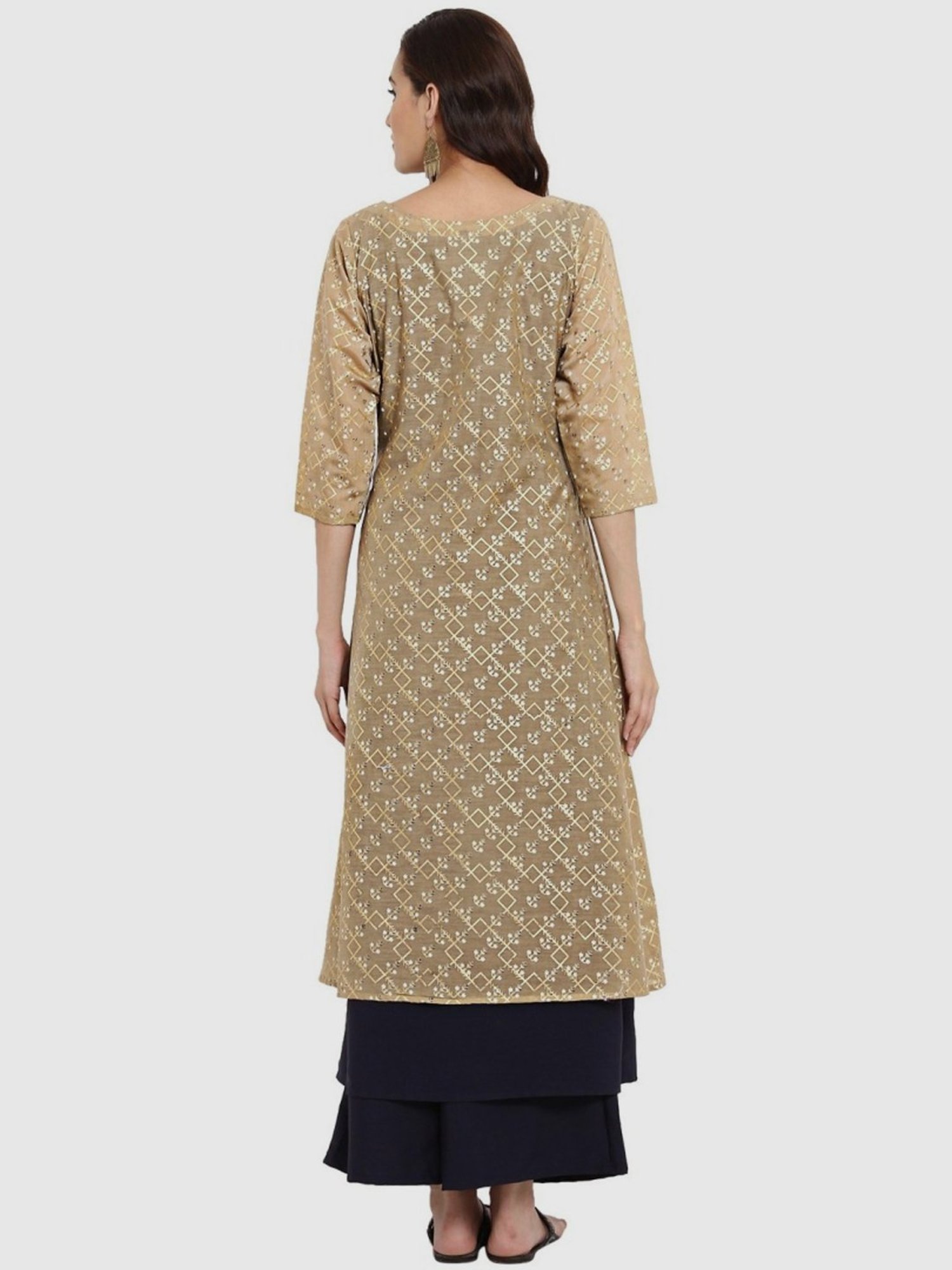Ziyaa Beige & Navy Printed Kurti Palazzo Set