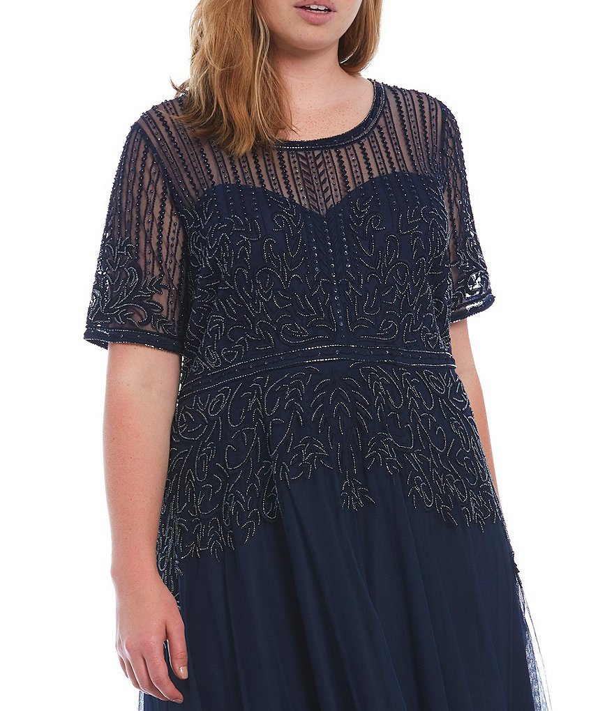 Pisarro Nights Plus Size Short Sleeve Illusion Jewel Neck Beaded Gown