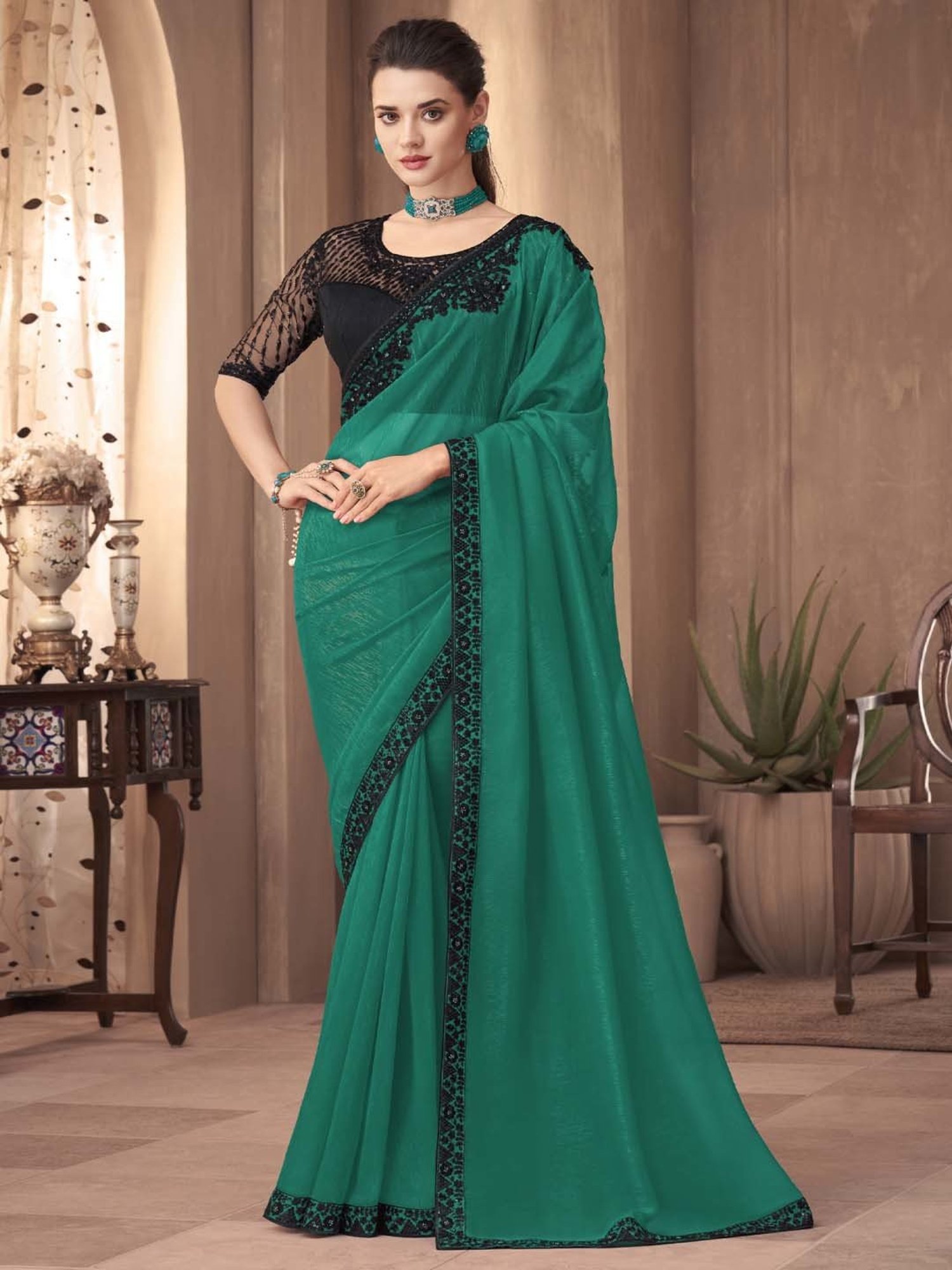 Saree Mall Green Embroidered Saree With Unstitched Blouse