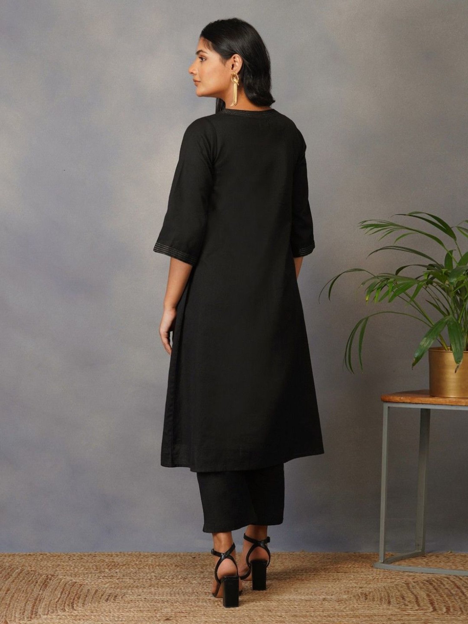 Akiso Bakhair Black A Line Kurta With Handblock Ajrak Patch Work Set With Pants