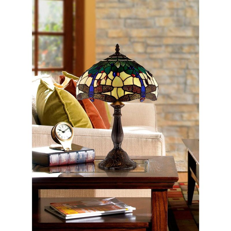 Robert Louis Tiffany Traditional Accent Table Lamp 18" High Dark Brown Dragonfly Art Glass Shade for Bedroom Bedside Office
