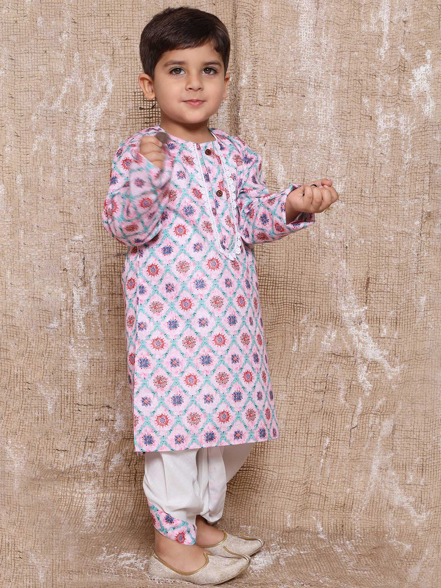AJ Dezines Kids Pink & White Floral Print Full Sleeves Kurta with Dhoti