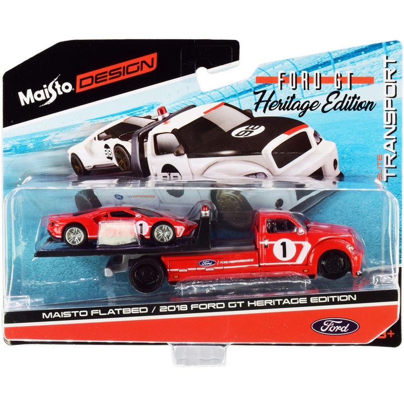 2018 Ford GT #1 Heritage Edition with Flatbed Truck Red with White Stripes "Elite Transport" 1/64 Diecast Model Cars by Maisto