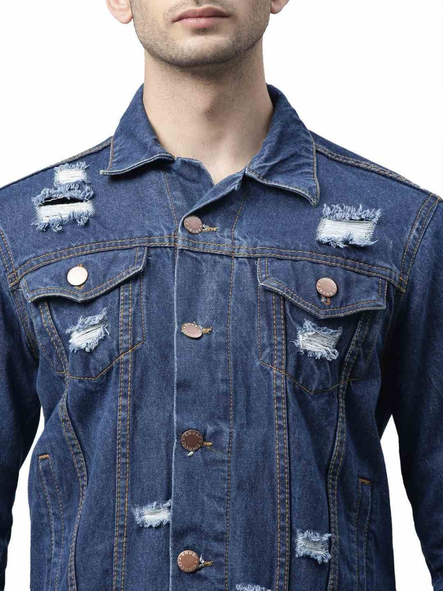 CINOCCI Blue Cotton Slim Fit Distressed Denim Jacket