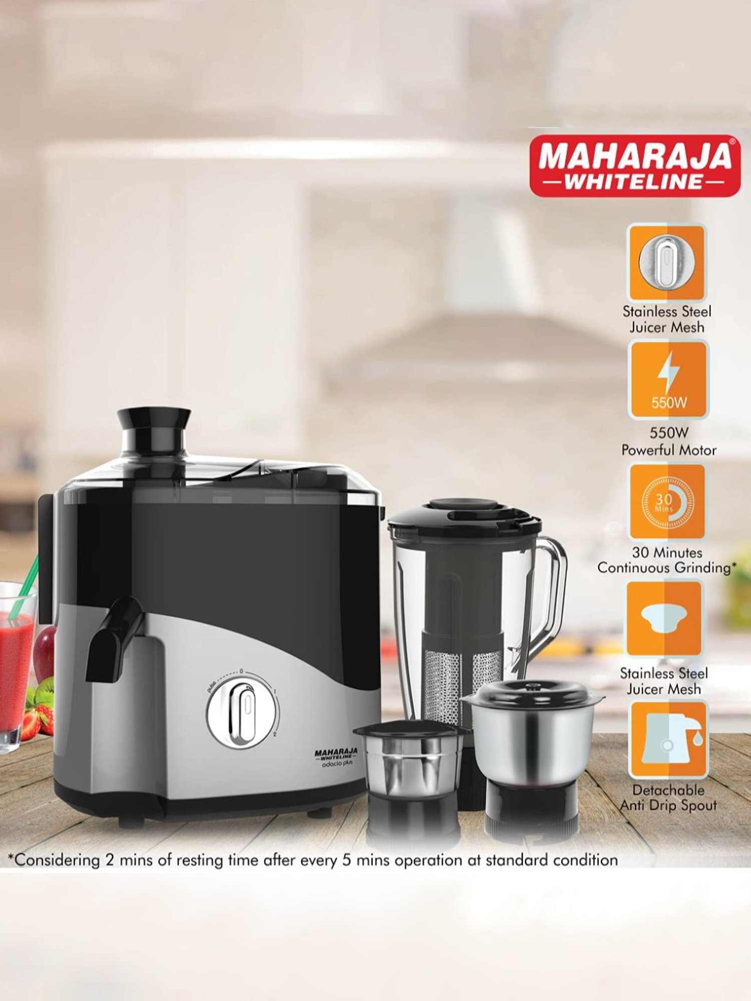 Maharaja Whiteline Juicer Mixer Grinder 550W With 3 Versatile Jars (Black & Silver)