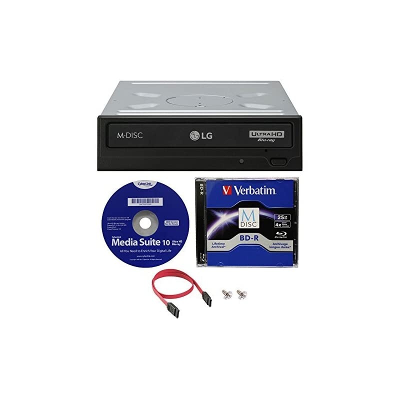WH16NS60 16x Internal Blu-ray BDXL M-Disc Drive (with Ultra HD 4K Playback) Bundle with 25GB Verbatim M-Disc BD-R,Cyberlink and Cable