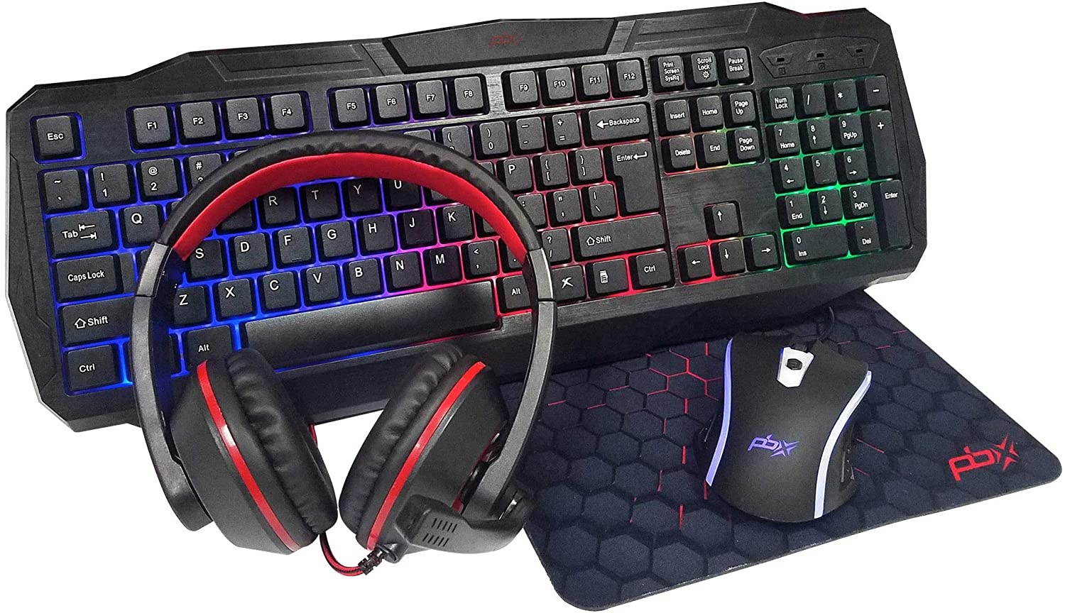 PBX Pro Gaming Accessory Bundles - Ergonomic, Wired, RGB Backlit, Full-Size USB Keyboard, Ergonomic USB Computer Mouse, Mouse Pad, and Gaming Headsets - Value Bundle (4 in 1 Bundle)