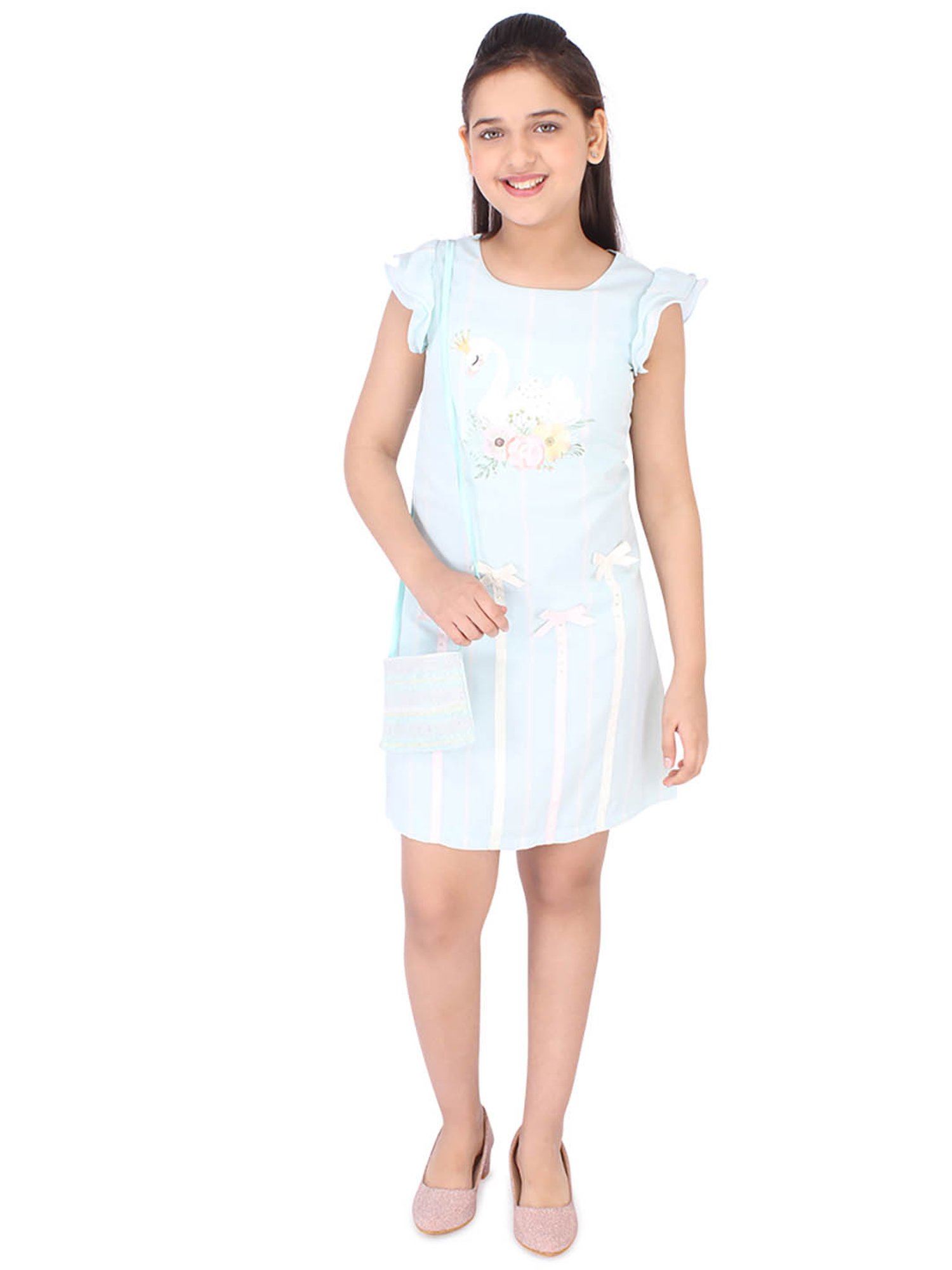 Cutecumber Kids Aqua Printed Dress with Sling Bag