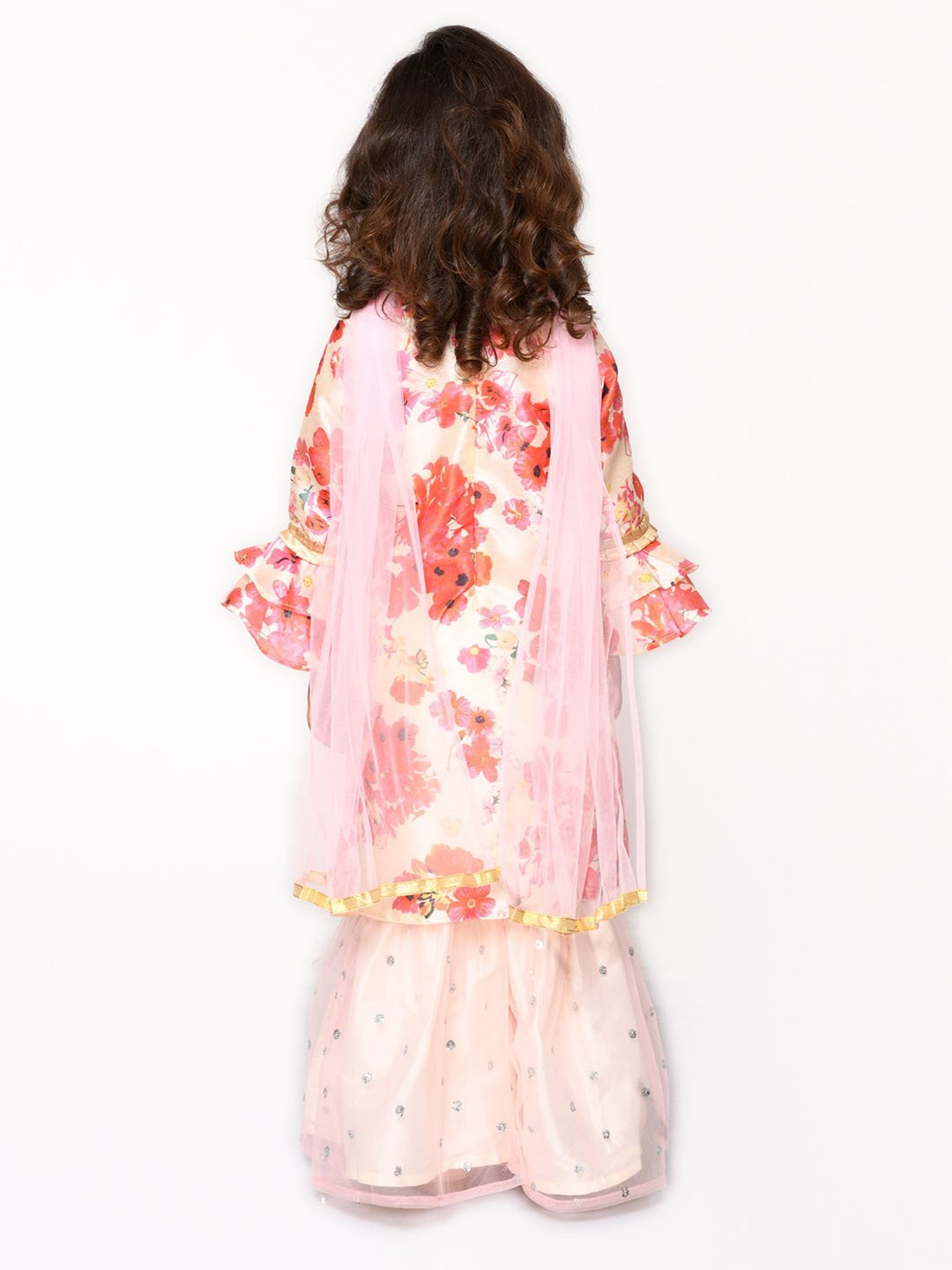 Saka Designs Kids Light Pink & Ivory Floral Print Full Sleeves Kurta with Sharara & Dupatta