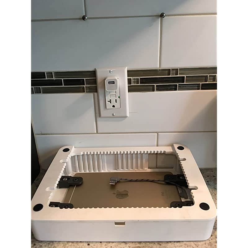 Wall Mount for 10" iPad Includes TWS Wireless Ear Buds, Dual Chargers and Cables, Easy Damage-Free Installation, Hides Outlet - Chalk White