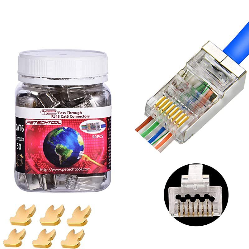 23AWG Cat6a Cat6 Connector Gold Plated 8P8C Pass Through Shield Plug (50Packs)