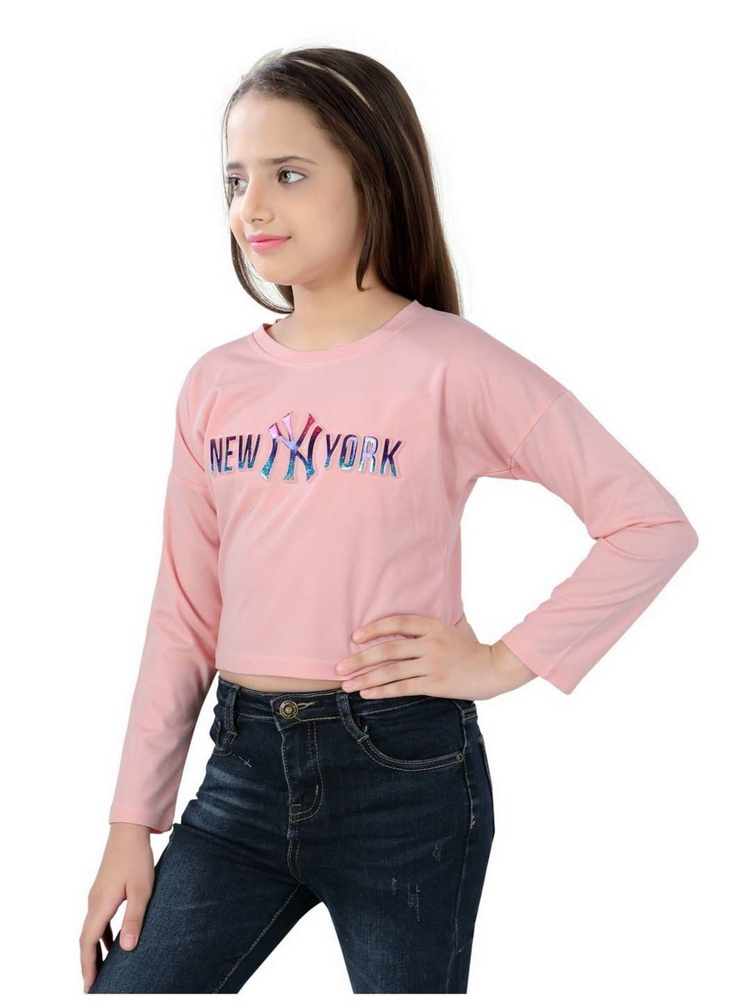 poplins Kids Peach Cotton Printed Full Sleeves Top