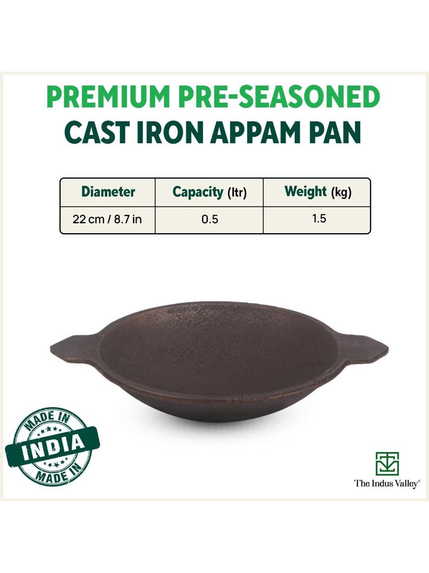 The Indus Valley Black Cast Iron 22.09 cm Vellapam Pan (0.5 L)