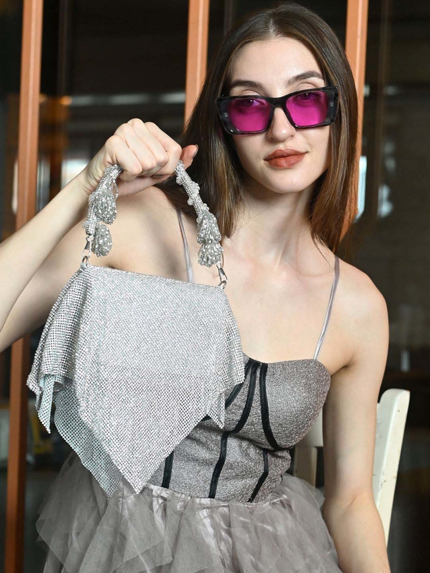 Odette Silver Textured Handbag