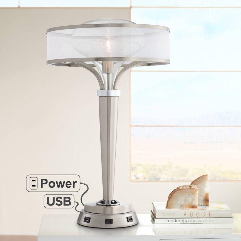 Possini Euro Design Art Deco Table Lamp with USB and AC Power Outlet Workstation Charging Base Brushed Nickel Living Room Bedroom