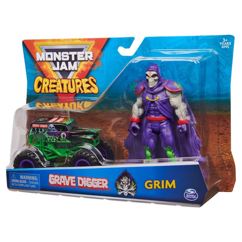 Monster Jam Official Grave Digger 1:64 Scale Monster Truck and 5" Grim Creatures Action Figure - Metallic Purple